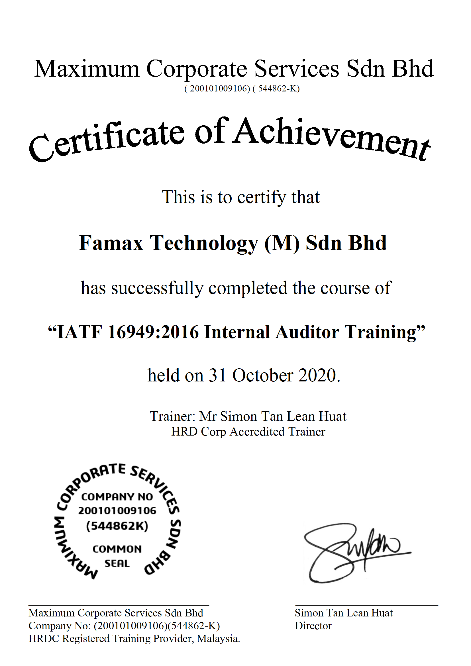 Maximum Certificate IATF Auditor Famax 2020 conv 1
