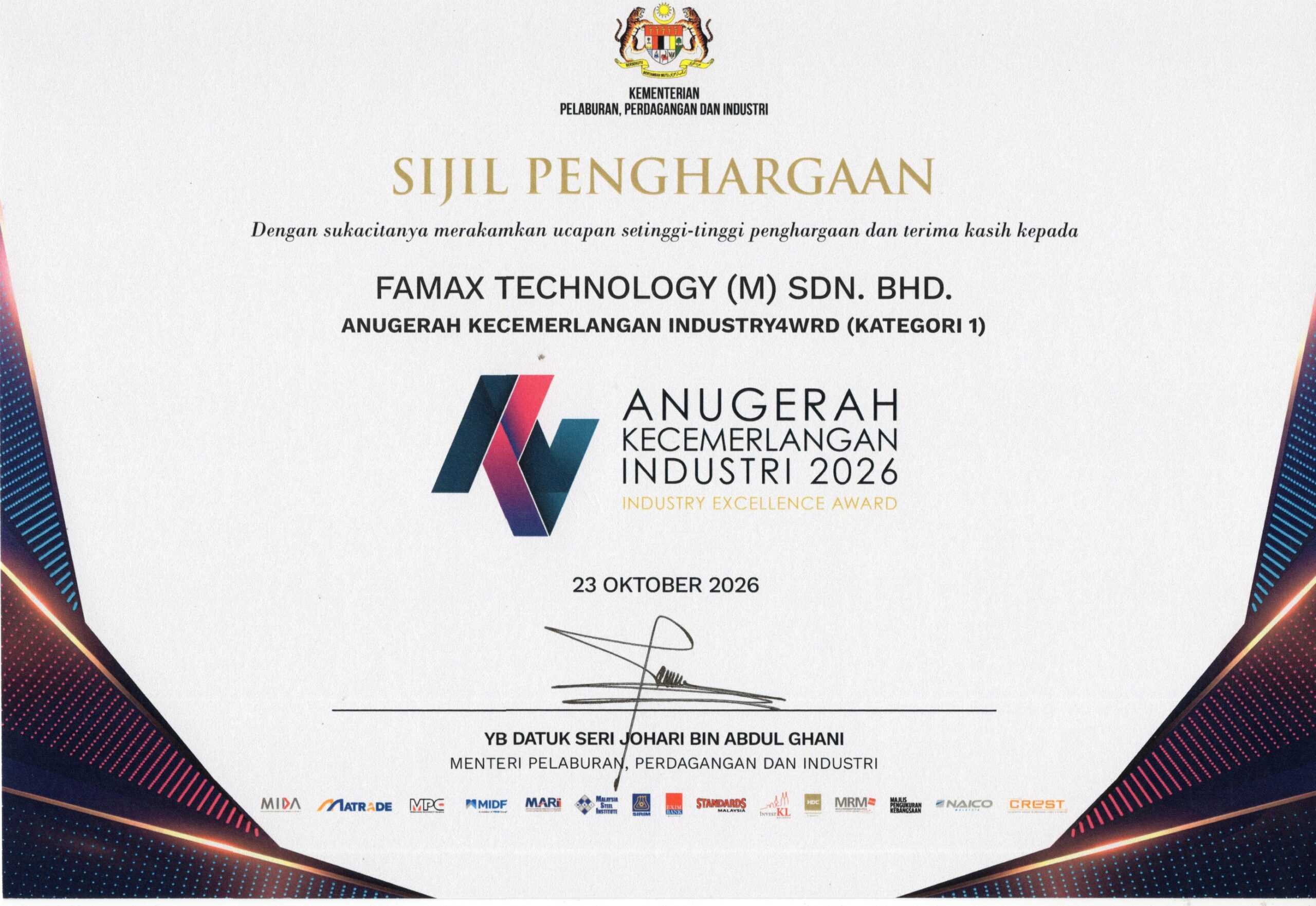 Anugerah Kecemerlangan Industri 2026 – Industry4WRD Excellence Award (Category 1) certificate